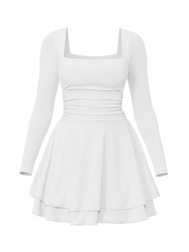 1980er Solide Tailliert Quadratischer Hals Langarm Kleid