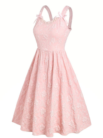 [Vorverkauf] [Übergröße] Rosa 1940er Solide Bogen Geprägt Blumen Kleid