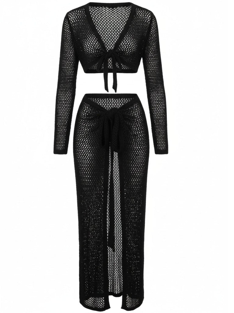 2PCS 1960er Häkel Langarm Strand Cover-Up Set