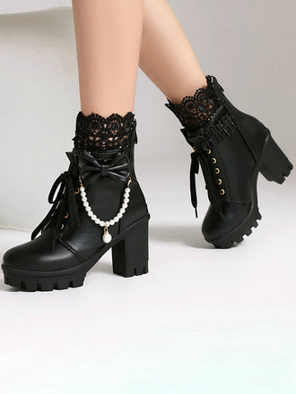 Vintage Spitze Perlen Bogen Blockabsatz Stiefel
