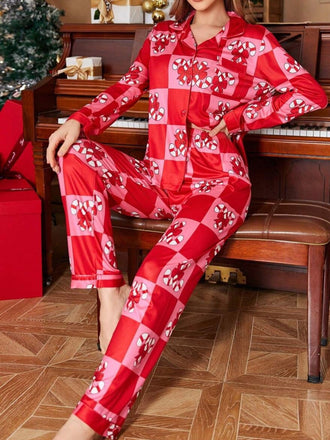 Rot 1980er Weihnachten Schachbrett Zuckerstange Pyjama Set