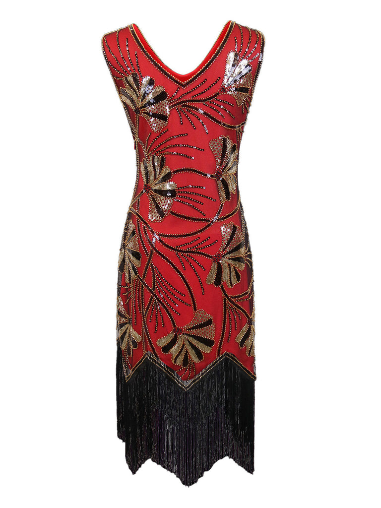 1920er V-Ausschnitt Pailletten Perlenbesatz Flapper Kleid