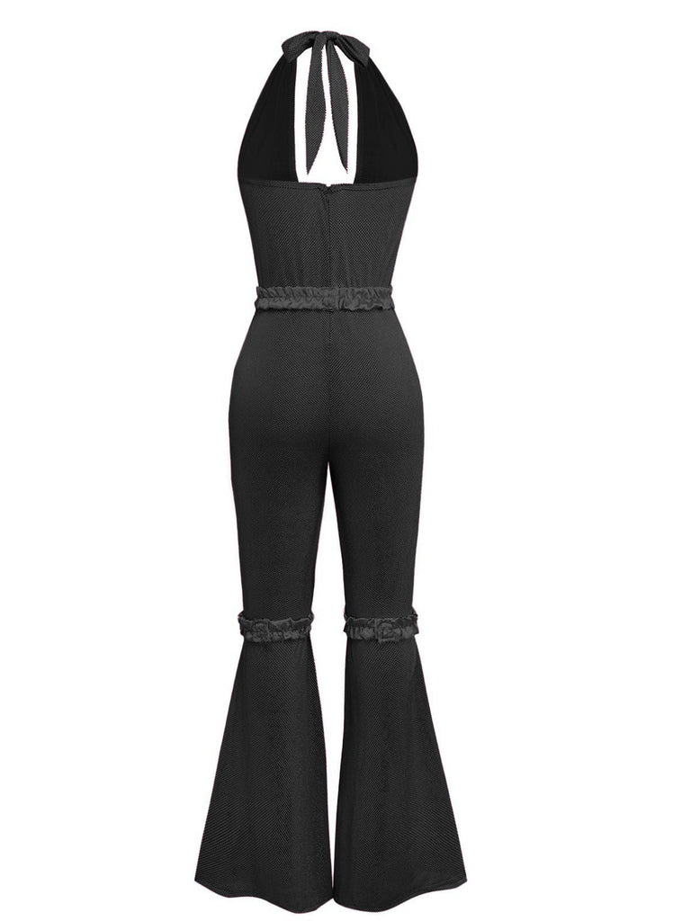 1970er Solide Sheer Tief-V-Ausschnitt Ausgestellt Jumpsuit