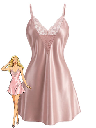 1960er Solide Spitze V-Ausschnitt Spaghetti Träger Nachthemd