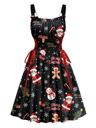 Schwarz 1950er Weihnachten Breite Träger Schnürung Kleid