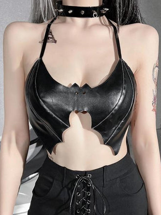 Schwarz 1980er Gothic Fledermaus Schnürung Halter Top