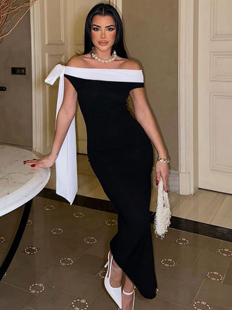 Schwarz 1930er Schulterfrei Schleife Körperbetont Maxi Kleid