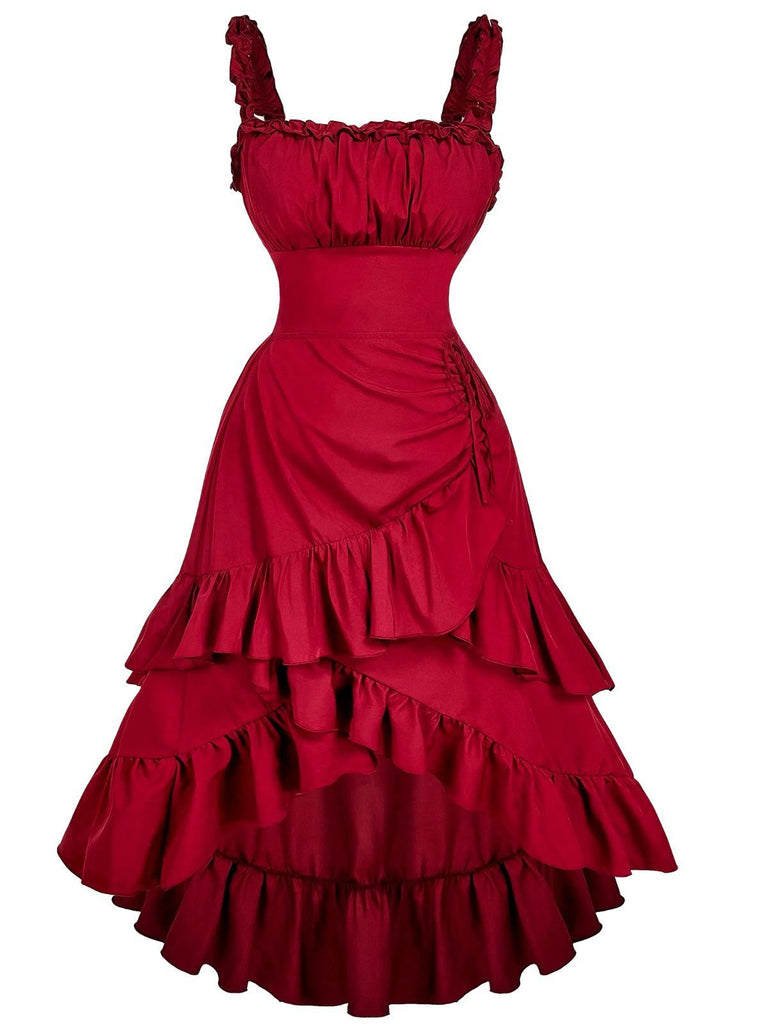 1950er Träger Gerafft Gestuft Rüschen Saum Kleid