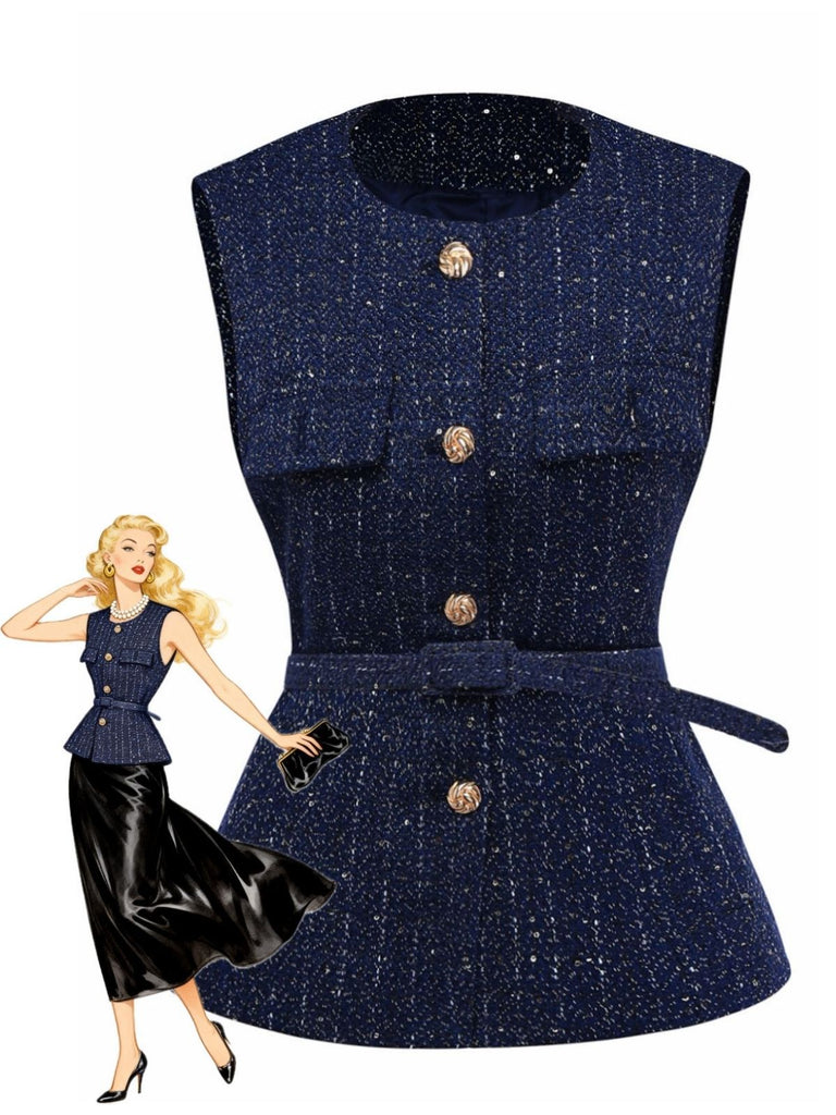 1960er Solide Tweed Knopf Gürtel Weste