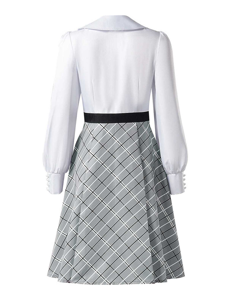 Grau 1940er Peter Pan Kragen Bogen Plaid Kleid