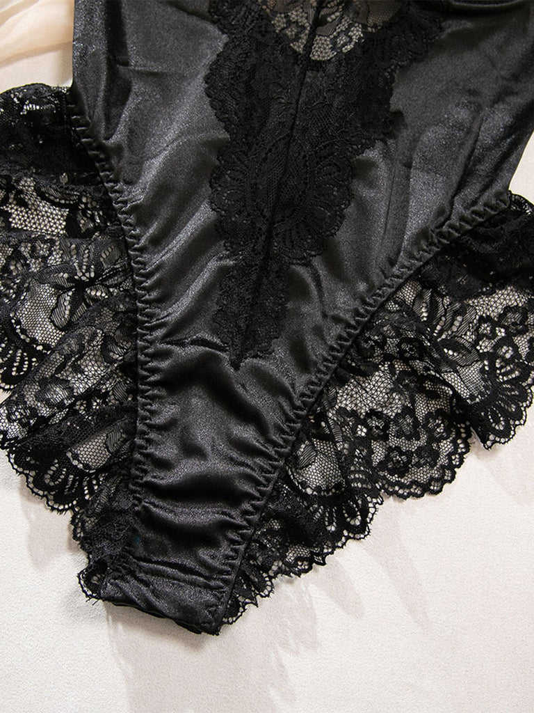 Schwarz 1980er Slip Satin Spitze Bügel Dessous Mit Strümpfen