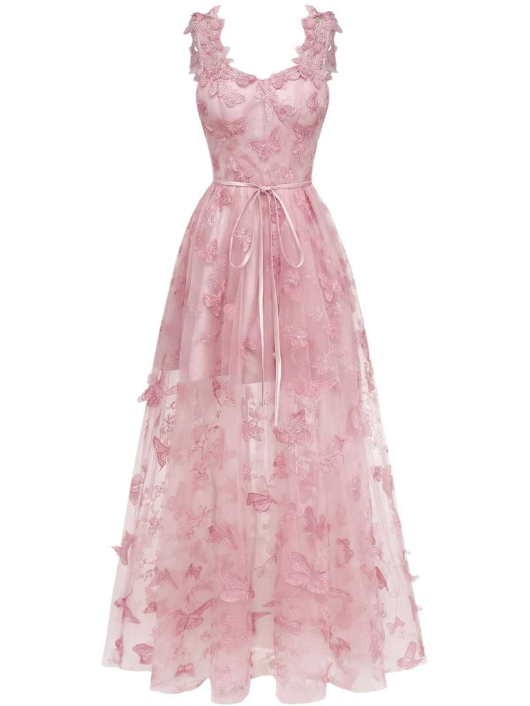 1930er Spaghetti Träger 3D Schmetterlinge Netz Maxi Kleid