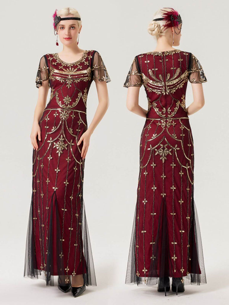 Weinrot 1920er Perlenbesetzt Mesh Kurzärmelig Kleid