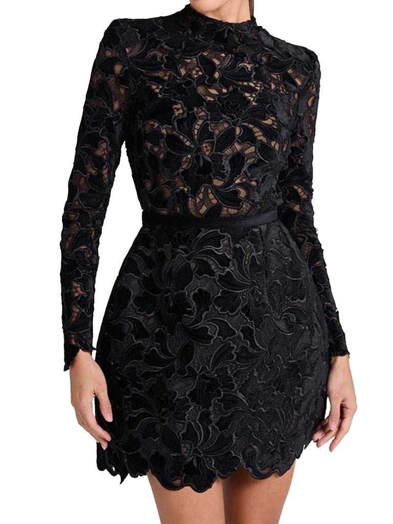 1960er Beflockt Blumen Spitze Halb Rollkragen Kleid