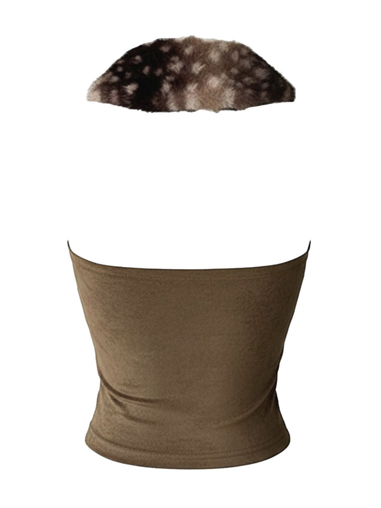 Braun 1980er Reh Kunstpelz-Verziert Crop Top