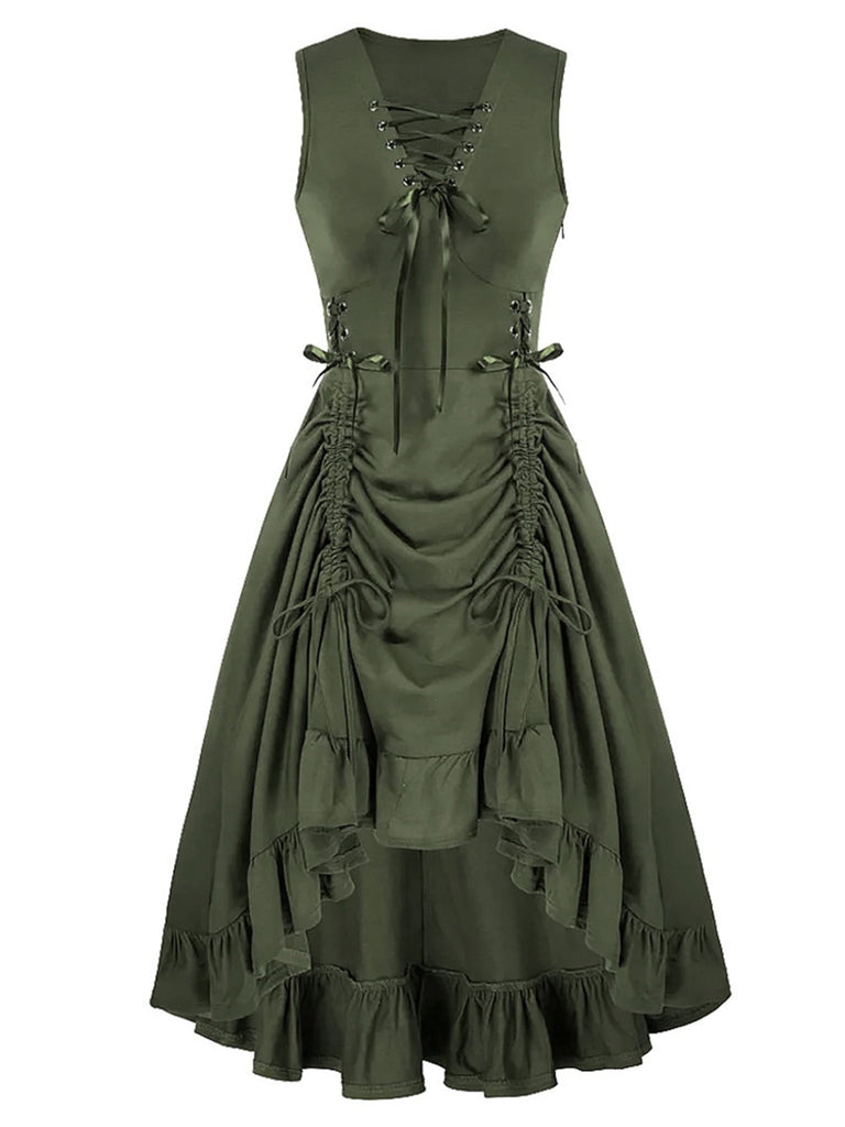 1940er Solide Ärmellos Kordelzug Schnürung Kleid