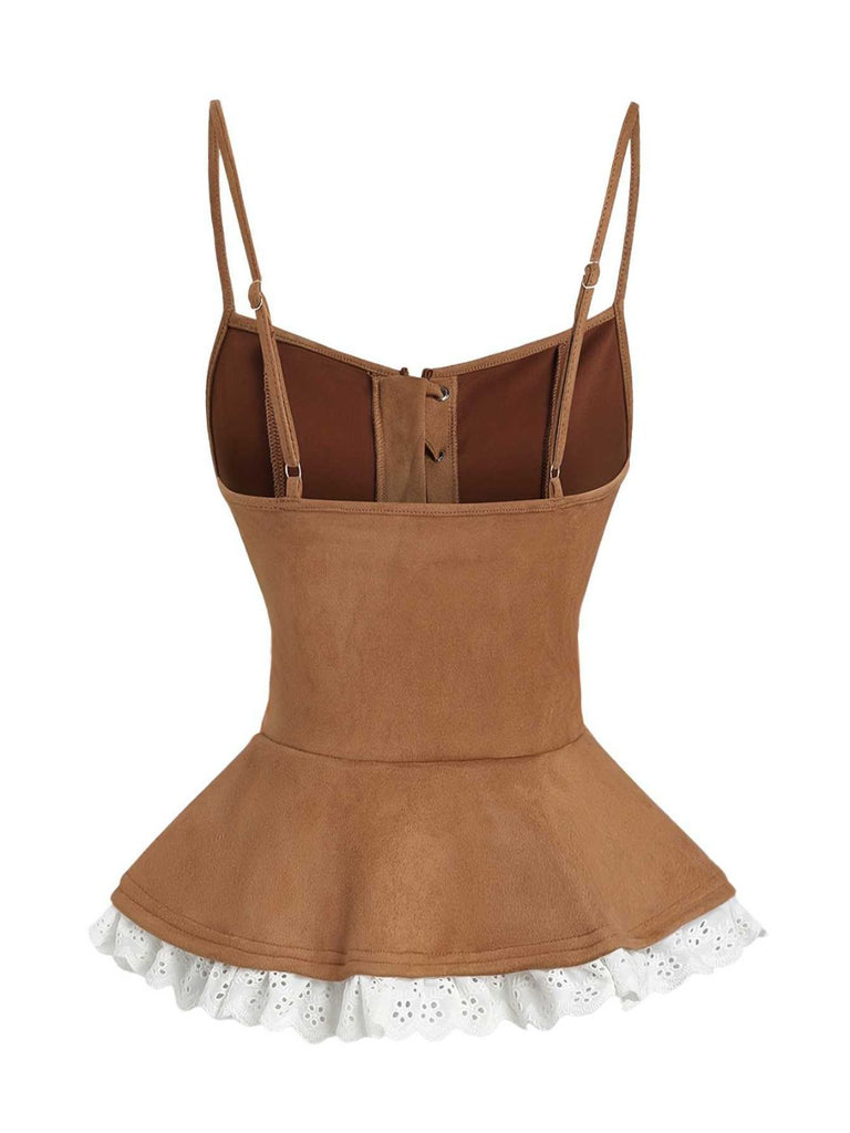 Braun 1950er Schnürung Wildleder Spitze Korsett Top
