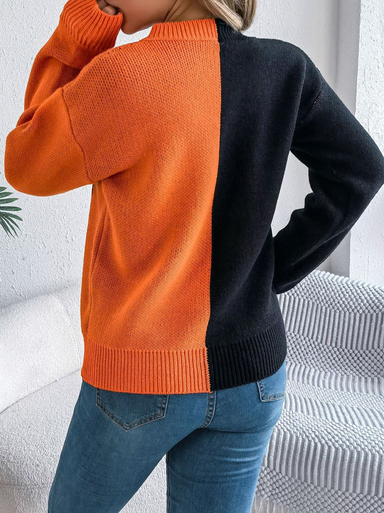 1940er Halloween Kürbis Gesicht Farbblock Stricken Pullover