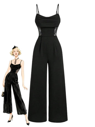 Schwarz 1950er Solide Schalkragen Spitze Patchwork Jumpsuit