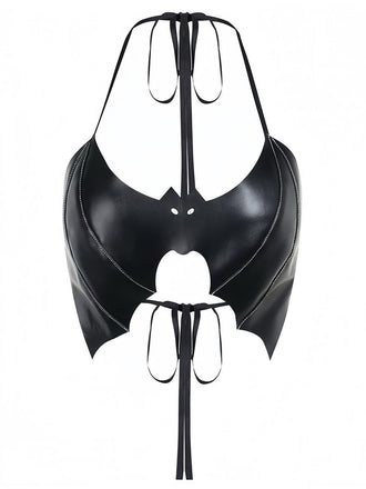 Schwarz 1980er Gothic Fledermaus Schnürung Halter Top