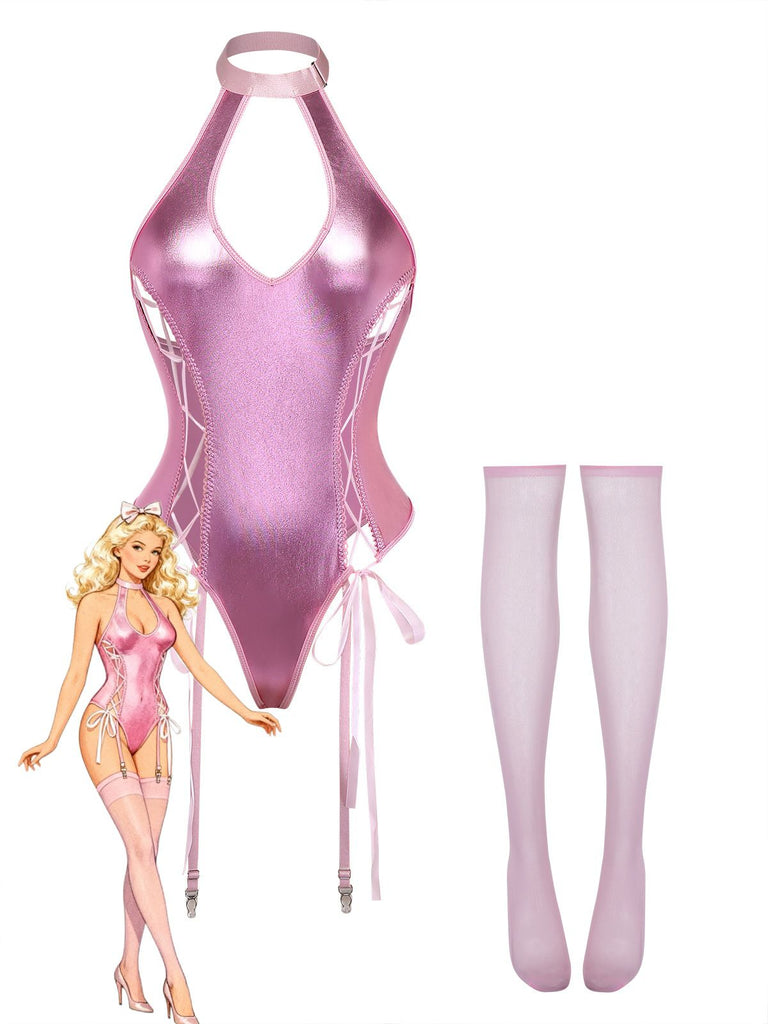 1980er Lack Leder Halter Schnürung Body Dessous Set