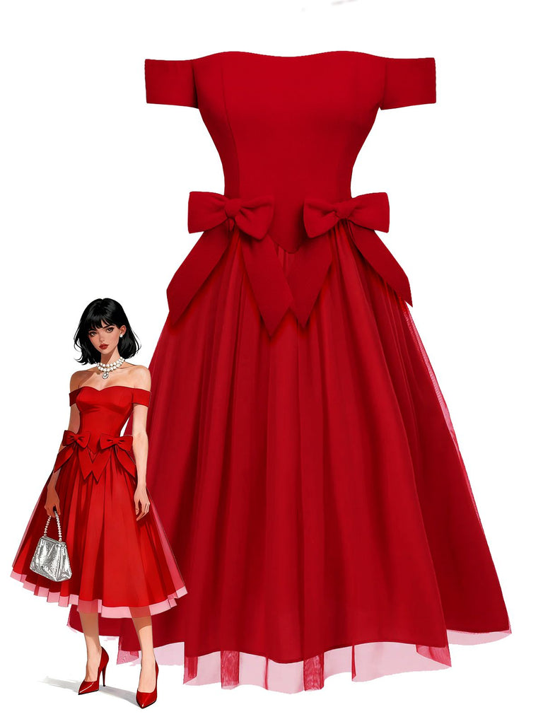 [Vorverkauf] Rot 1950er Abnehmbar Bogen Schulterfrei Netz Kleid