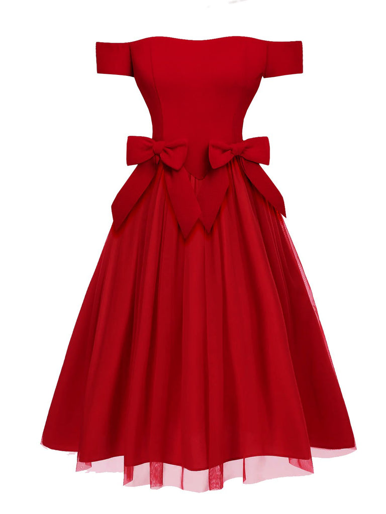 [Vorverkauf] Rot 1950er Abnehmbar Bogen Schulterfrei Netz Kleid