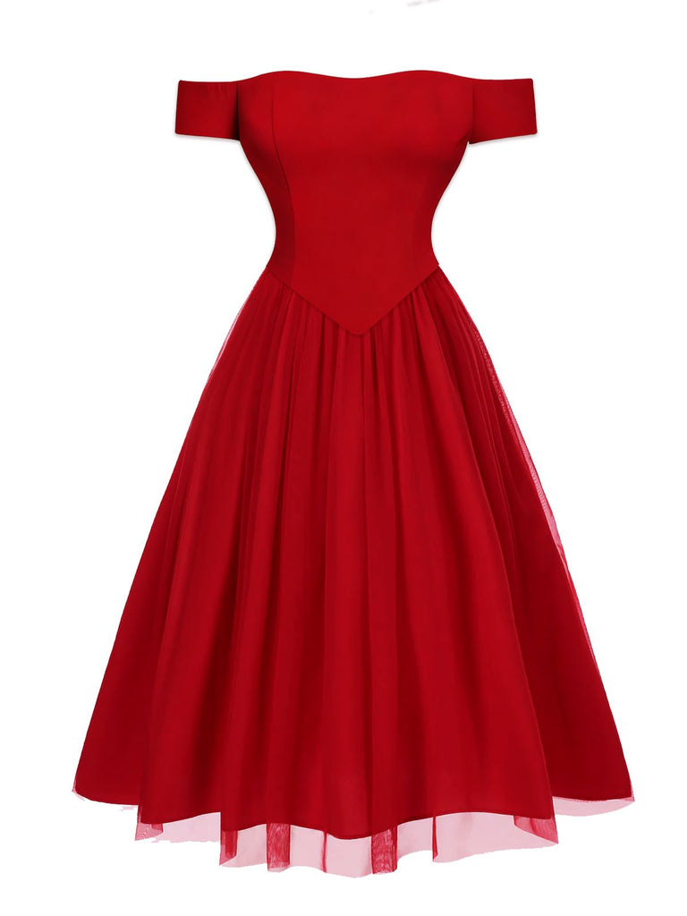 [Vorverkauf] Rot 1950er Abnehmbar Bogen Schulterfrei Netz Kleid