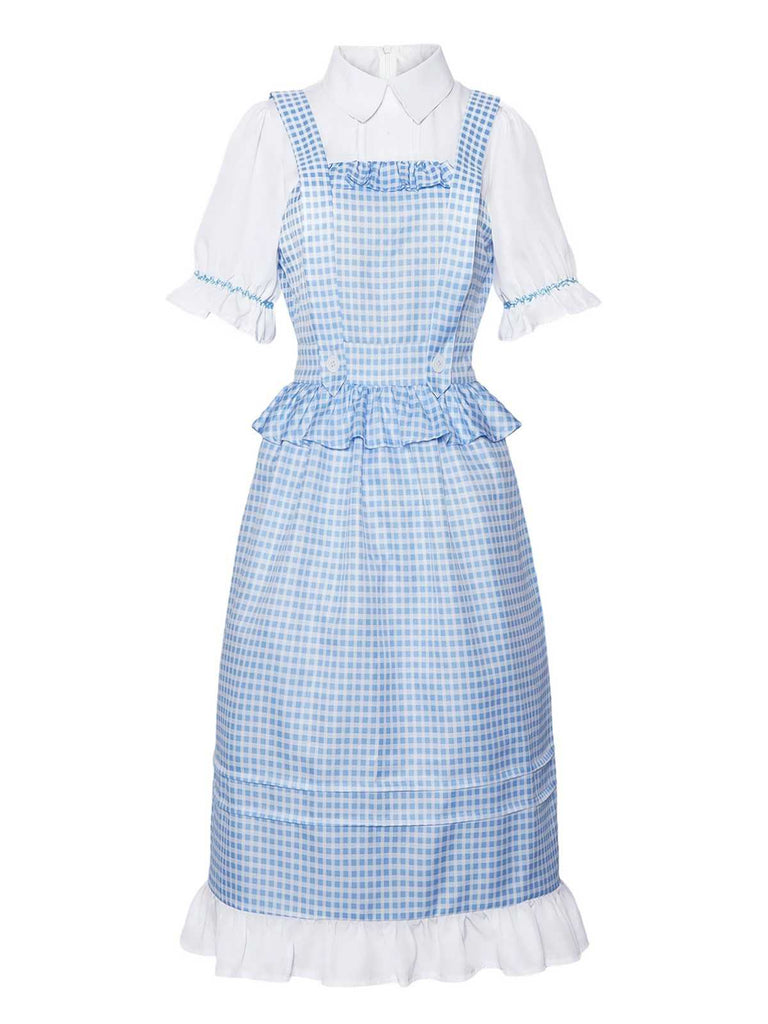 Blau 1970er Gingham Rüschen Puffärmel Kostüm Kleid