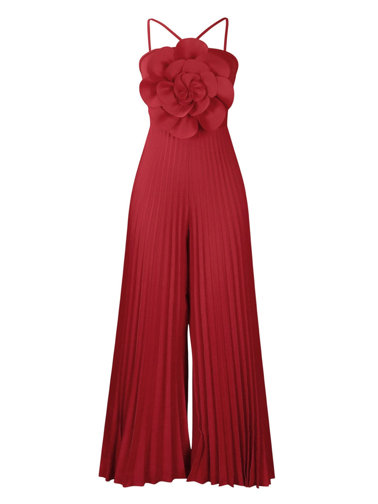 1970er Solide Spaghetti Träger 3D Rose Jumpsuit