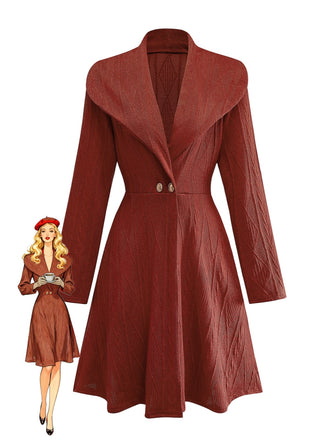 1940er Solide Stricken Groß V-Ausschnitt Tasten Kleid