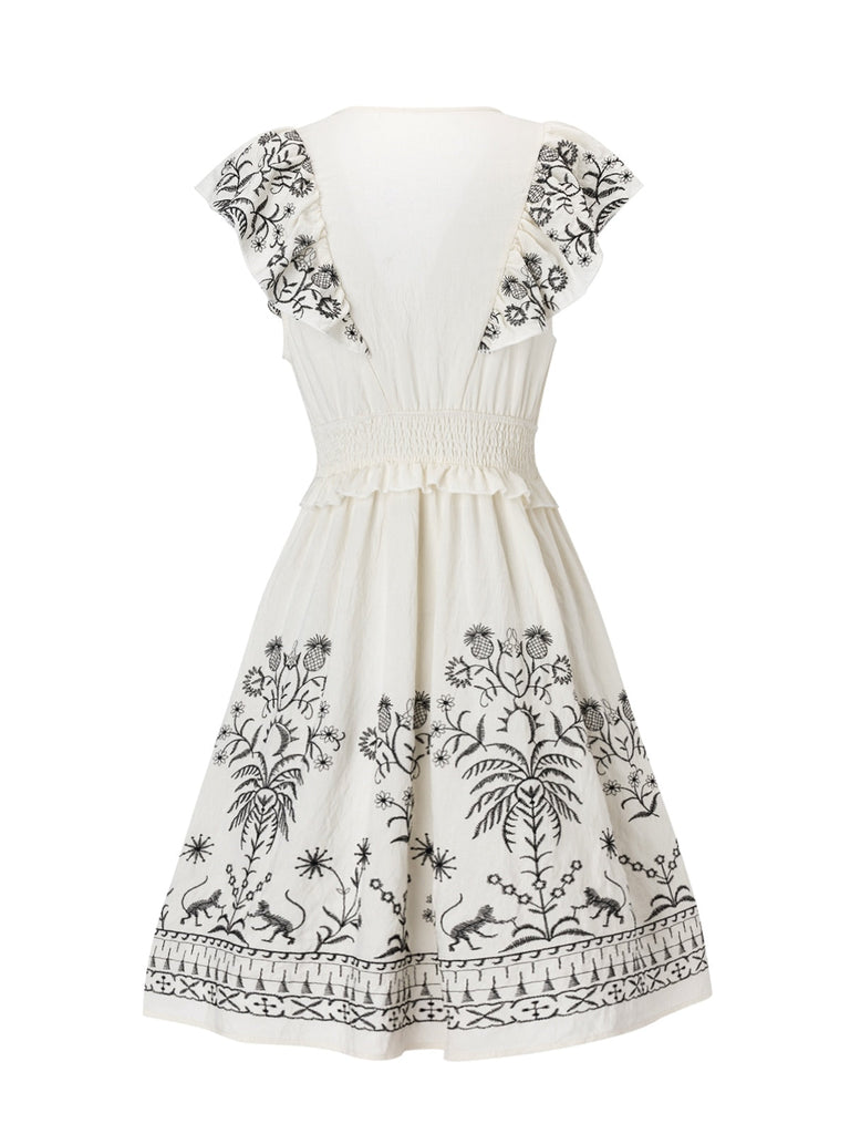 Weiß 1970er V-Ausschnitt Blumen Boho Rüschen Kleid