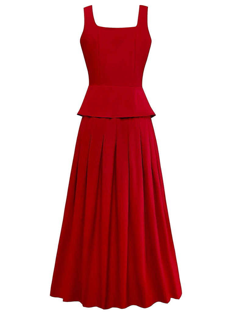 2PCS Rot 1940er Quadratischer Hals Ärmellos Weste & Rock