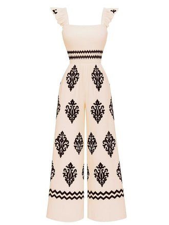 1970er Boho Geometrisch Quadratischer Hals Jumpsuit