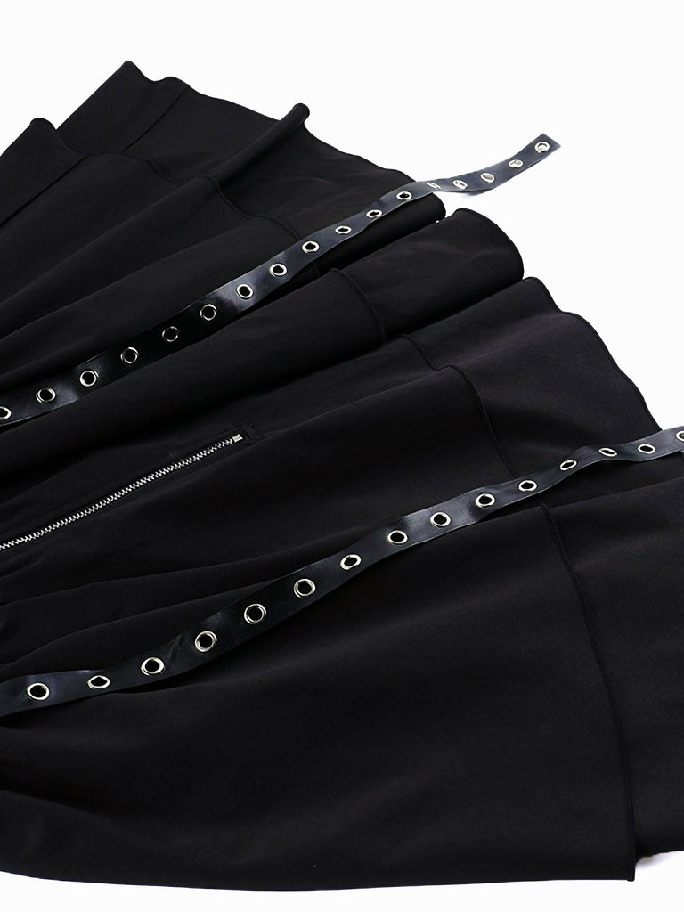 Schwarz 1980er Punk Metall Gürtel Patchwork Kleid