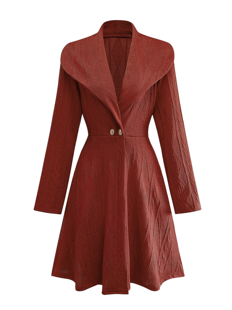 1940er Solide Stricken Groß V-Ausschnitt Tasten Kleid