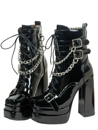 Schwarz Patent Chains Gothic High Heels Stiefel