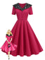 Rot 1950er Spitze Blumen Matrosen Kragen Swing Kleid