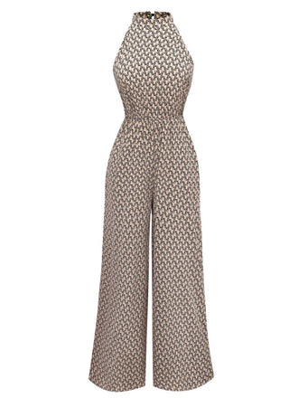 Beige 1930er Geometrisch Muster Halter Ärmellos Jumpsuit
