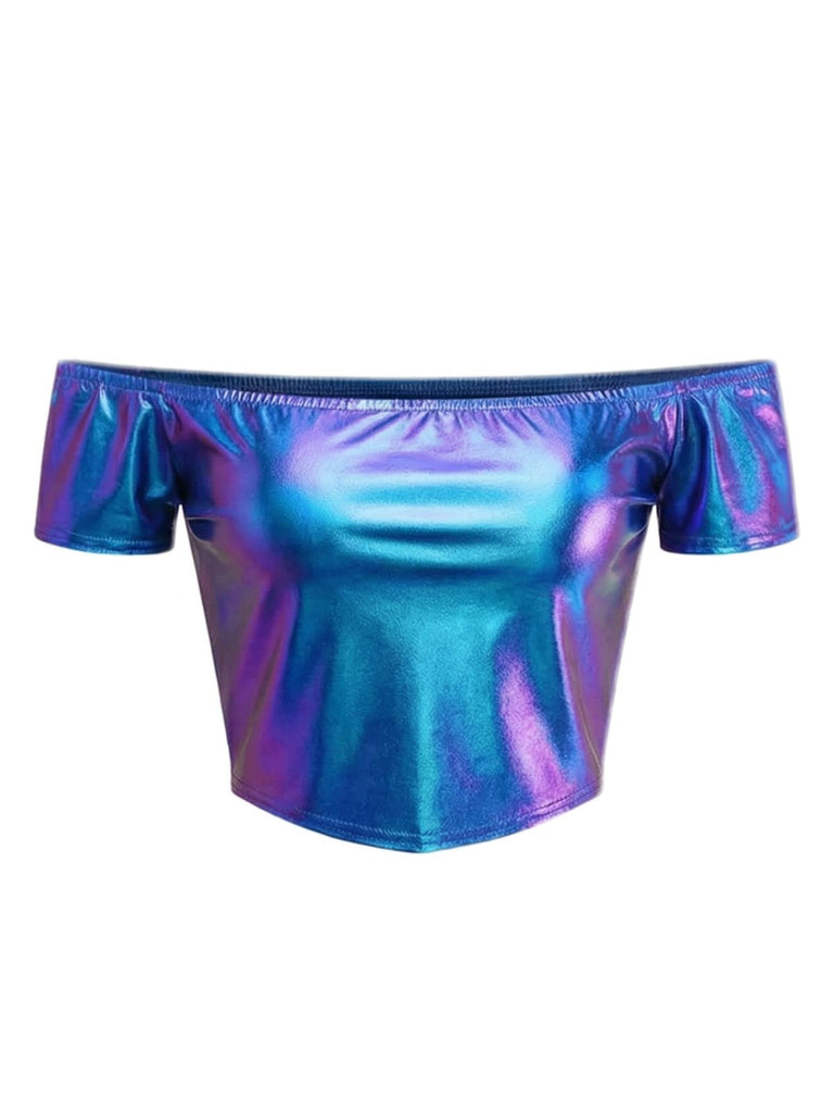 1970er Disco Metallisch Schulterfrei Kurzarm Top