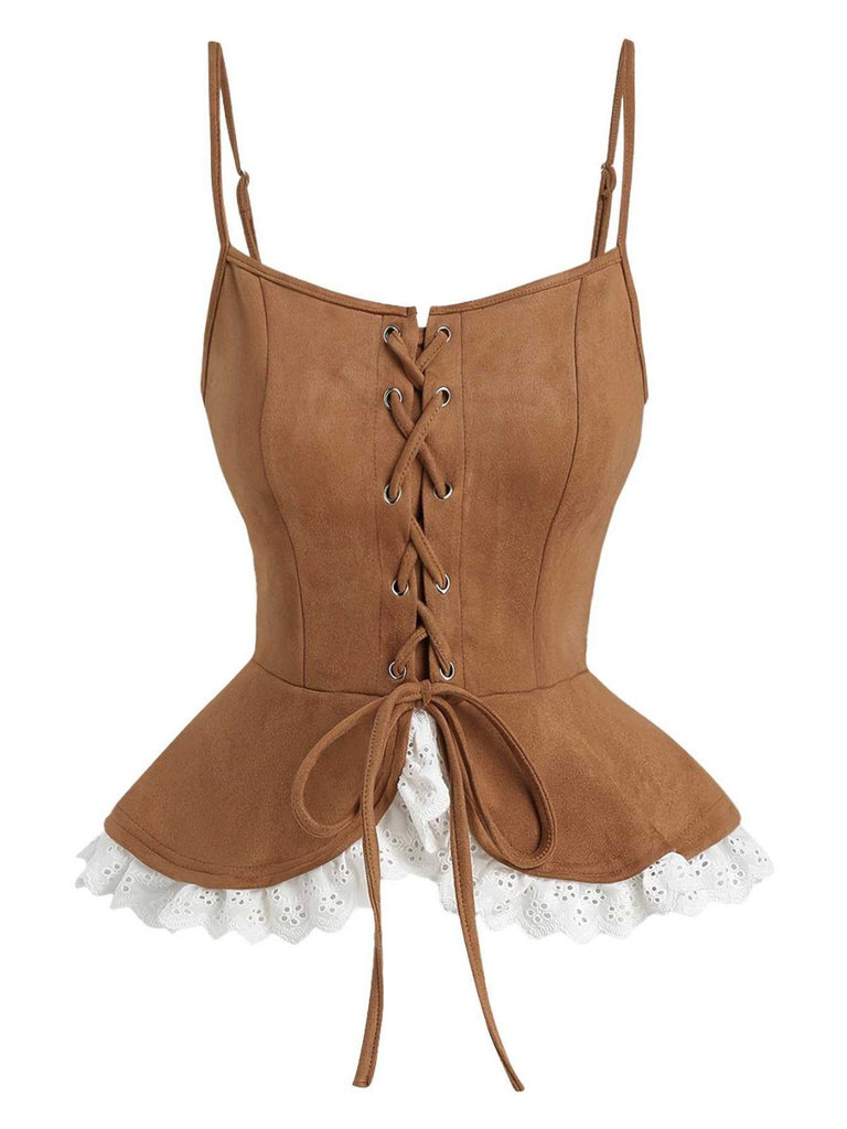 Braun 1950er Schnürung Wildleder Spitze Korsett Top