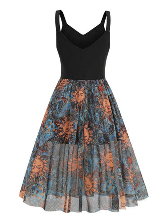 Schwarz 1950er Sonnengesicht Ärmellos A-linie Kleid