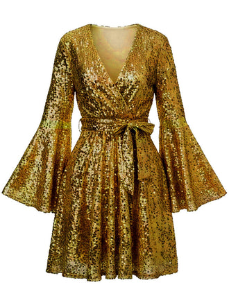 1970er V-Ausschnitt Schlagärmel Pailletten Disco Kleid