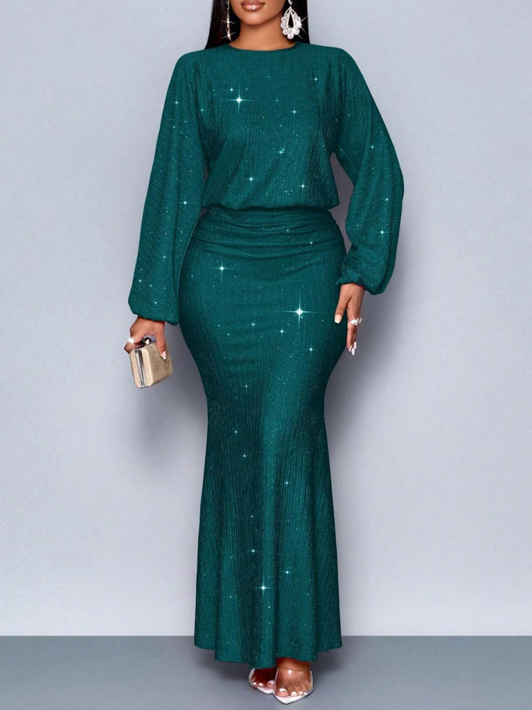 1930er Funkeln Gerüschtes Laternenärmel Stricken Fischschwanz Kleid