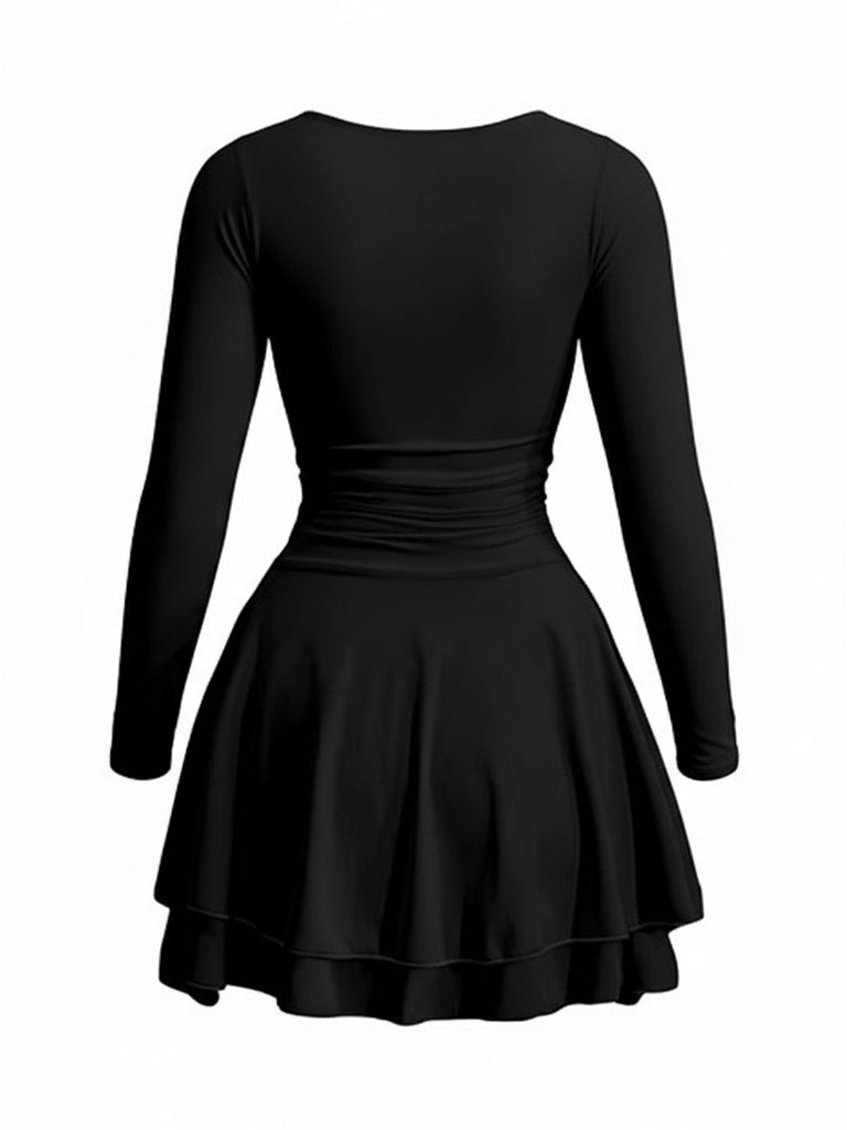 1980er Solide Tailliert Quadratischer Hals Langarm Kleid