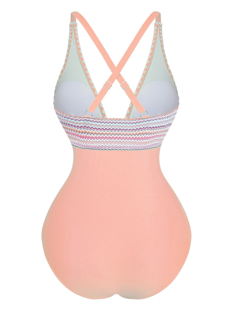 1940er Tiefer V-Ausschnitt Wellig Patchwork Einteiliger Badeanzug