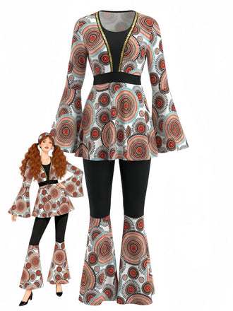 2PCS 1970er Hippie Glocken Ärmel Top & Schlag Hose