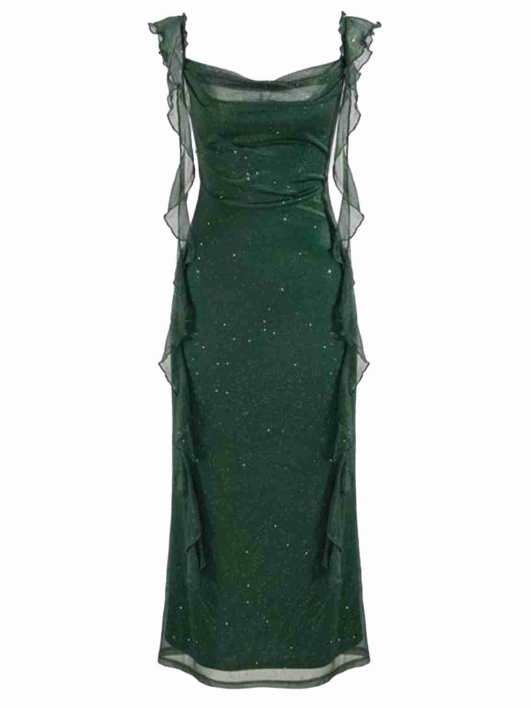 Grün 1920er Funkeln Netz Rüschen Rückenfrei Kleid