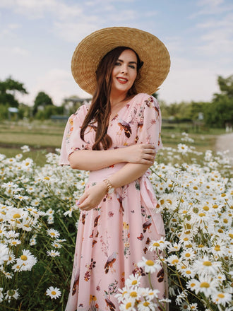 Rosa 1950er Blumen Vögel Bowknot V-Ausschnitt Kleid