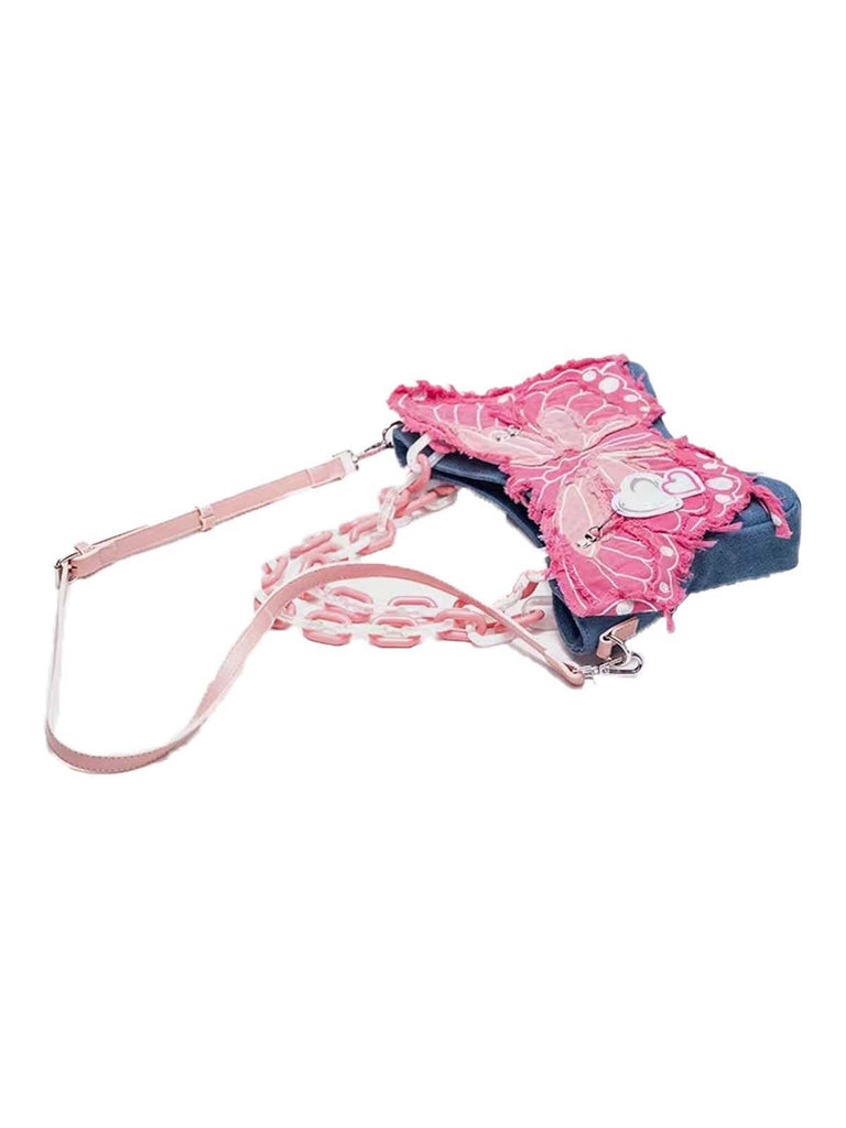 Rosa Zerrissener Denim 3D-Schmetterling Neuartige Tasche